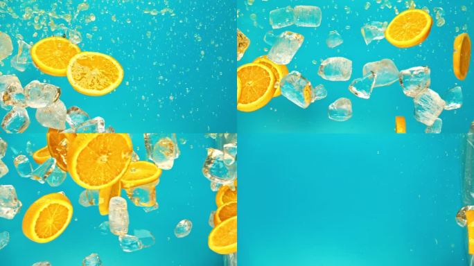 新鲜多汁的橙子和果汁，冰块和水滴飞溅倒在超级慢动作1000 fps。柑橘橙片和冰块在蓝色背景上飞或落