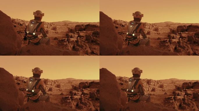 戴着阿拉伯联合酋长国国旗的宇航员。独自坐在火星表面