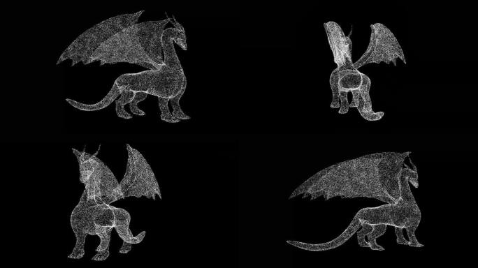3D童话龙在黑色背景上旋转。传统的东方龙。一个神话般的幻想概念。用于标题，文本，演示。闪闪发光的粒子