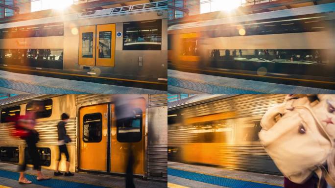 在澳大利亚新南威尔士州的悉尼市，从火车进进出出的拥挤的乘客、商人和游客的时间流逝，到达了中央火车站站