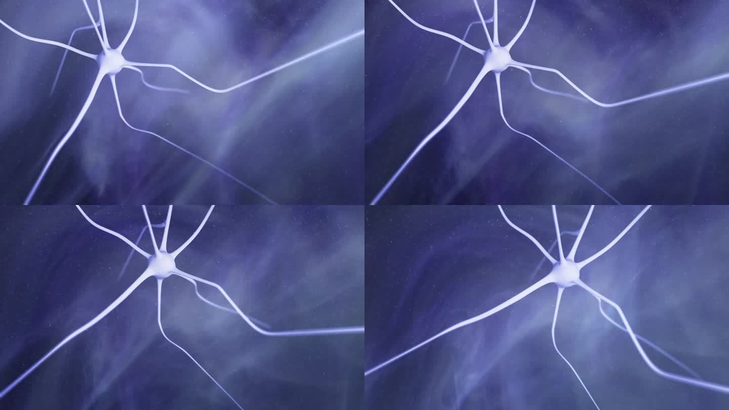 抽象脑内白色三维神经元细胞在紫蓝色光条纹运动的背景上。