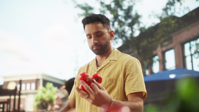 英俊的多民族男性顾客在一个阳光明媚的夏日从农贸市场购买可持续有机西红柿。阿拉伯人在大排档上寻找最成熟