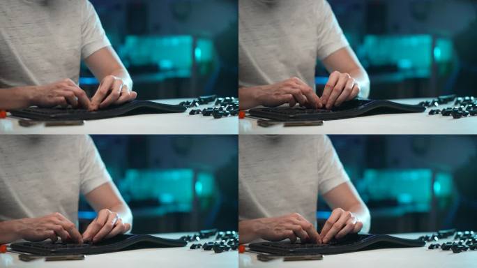 特写镜头，不认识的人组装拆卸键盘后，清理污垢。PC男性用户清洗后插入键盘按键。