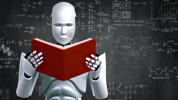 人形机器人阅读书籍和解题的三维渲染