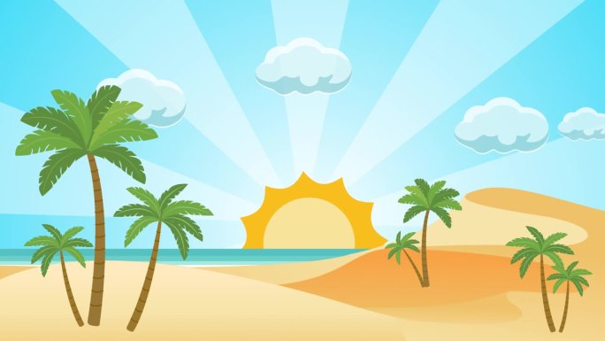 热带海滩的背景景观与棕榈树，金色的沙丘蓝色的水在天空下的云和阳光。