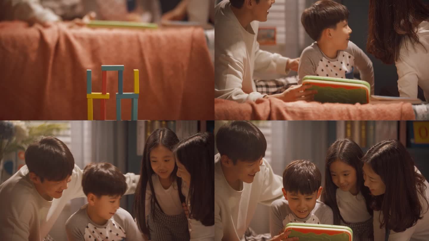 年轻快乐的韩国家庭和儿子在家里使用数字平板电脑，年轻漂亮的女儿加入他们。爸爸，妈妈和孩子一起学习，在