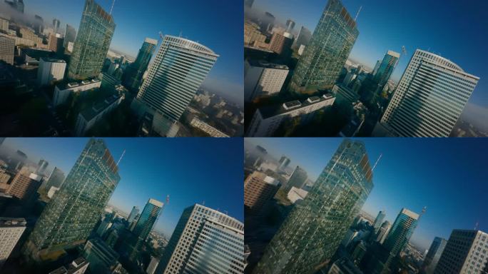第一人称无人机飞行观看大型繁华的城市天际线与摩天大楼