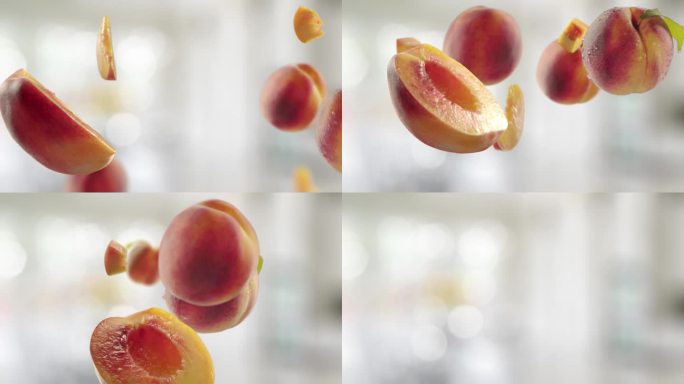 飞桃和桃子片在明亮的厨房背景