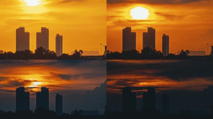 延时日落在城市景观的剪影