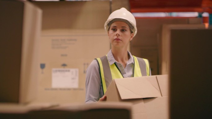 仓库，包装和妇女与箱运输，配送和物流与箱在货架上。出库，出货，工厂和女用包裹进行包装，供应链订货和发