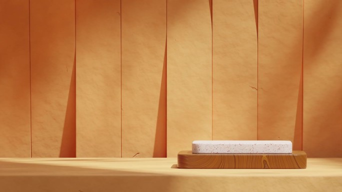 黄墙在渲染空的模型水磨石和木纹理讲台无缝循环阴影动画3d素材