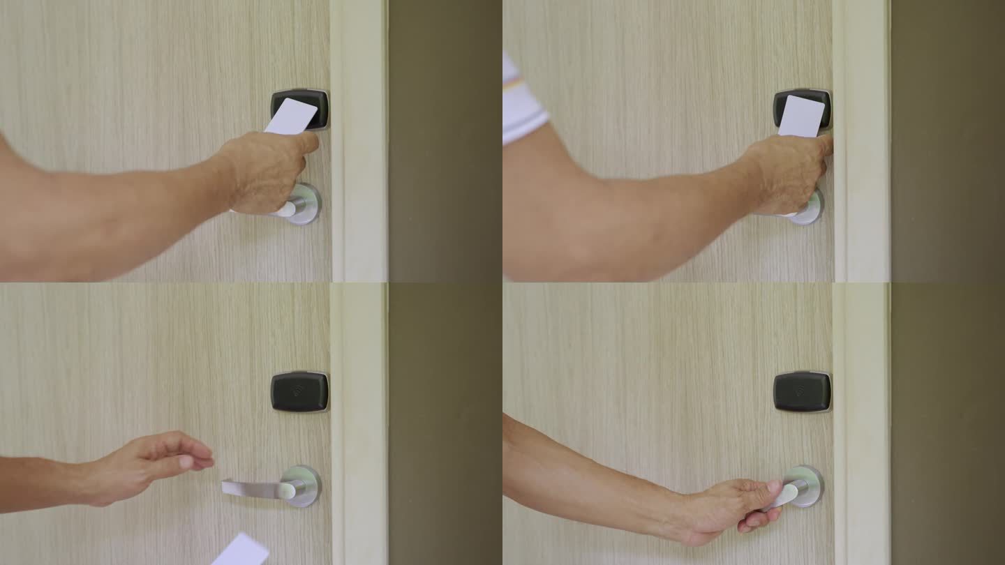 亚洲资深男士用钥匙卡(门禁卡)开门进入房间。数字或无密钥验证。无线技术。