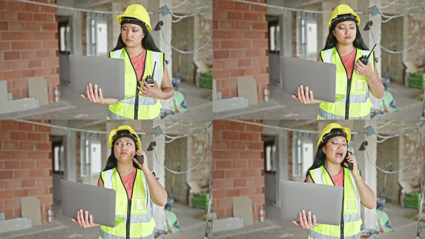 年轻的中国女建筑师在工地用手提电脑用对讲机讲话