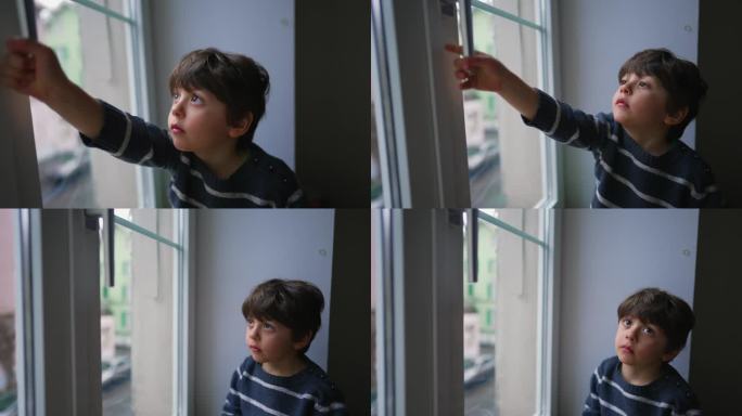 一个小男孩拿着窗户旋钮想打开公寓二楼的窗户，孩子的安全问题，安全防范