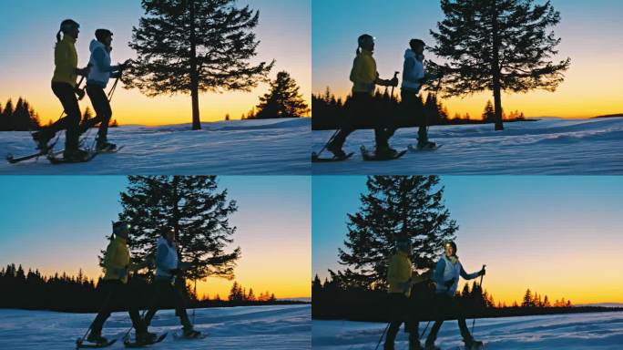 黄昏时分，两个女人在冬日乡村的雪地上走雪鞋