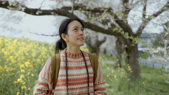 一个开朗的女人独自走在以樱花为背景的草地上，在假期里感到轻松和清爽。