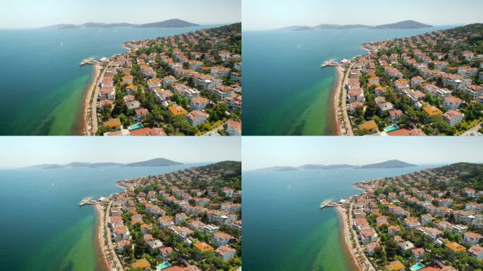 土耳其Kinaliada的空中无人机视图。多个住宅建筑位于马尔马拉海岸，背景是其他王子群岛