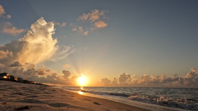 地面水平拍摄的海滩上，太阳升起在海面上，地平线上有云，小波浪拍打着沙滩