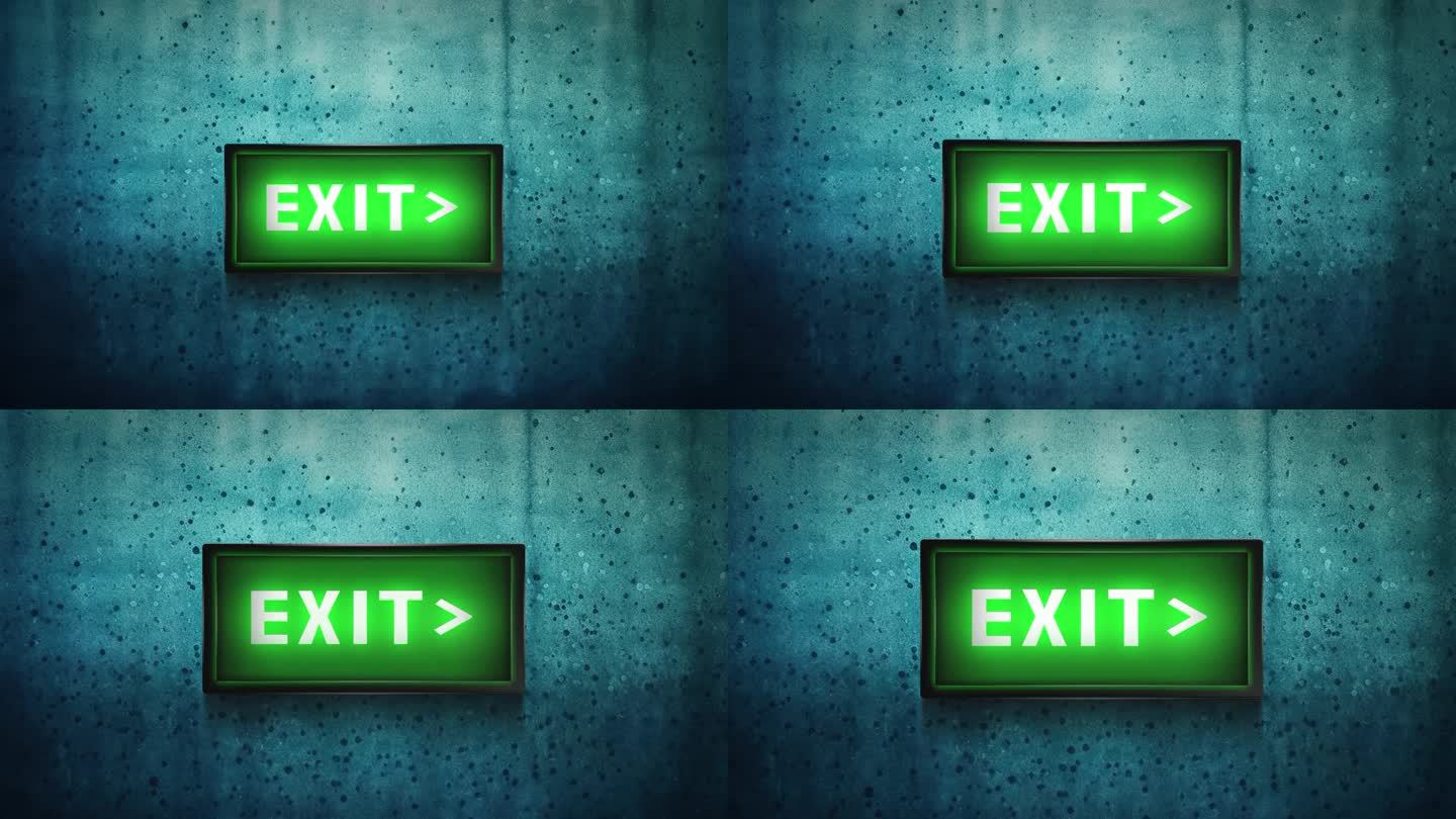 三维出口标志与绿色的灯在肮脏的墙壁。安全出口标志牌。3D视角