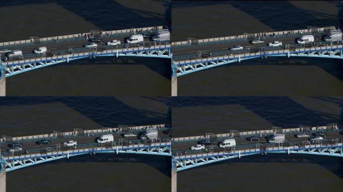 伦敦塔桥上通勤者和交通的鸟瞰图。包含信息的文本框。监测的概念。人工智能。深度学习。英格兰。英国。用红