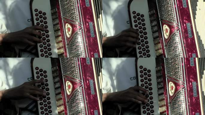 在阿根廷科连特斯省，音乐家用按钮手风琴演奏Chamame民间音乐。关闭了。