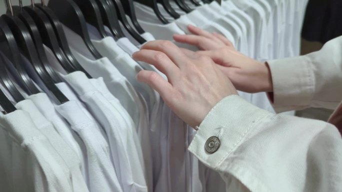 一个女人在商店里用t恤挑选衣服的慢动作镜头。购物日和大减价。