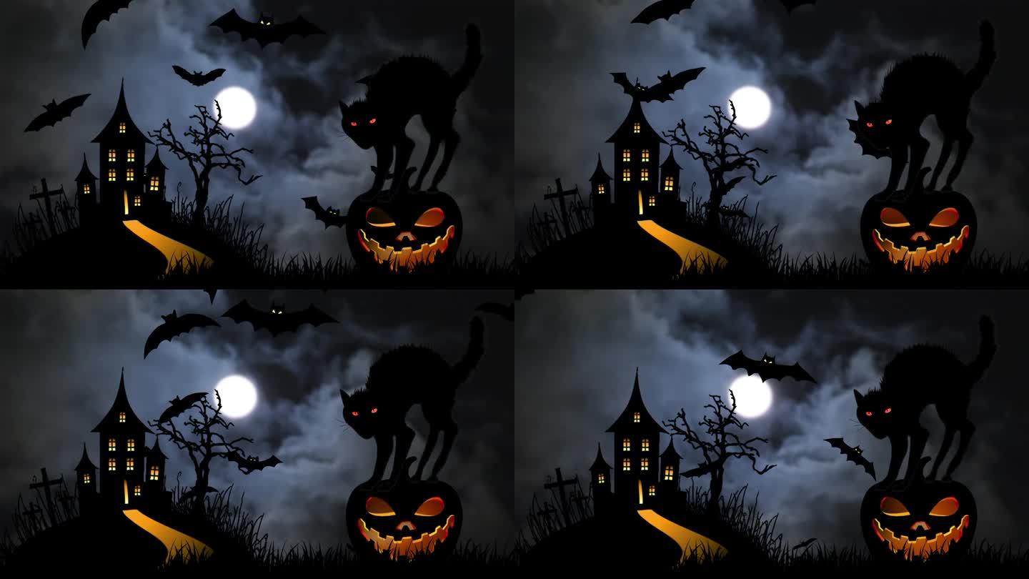 南瓜上可怕的黑猫对抗在满月之夜飞过城堡的蝙蝠