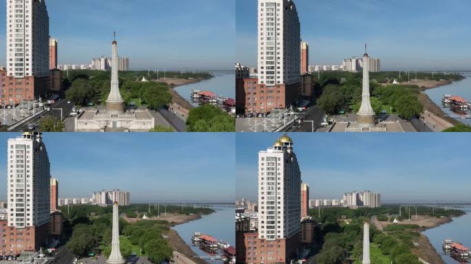 佳木斯城市风光防洪纪念塔航拍