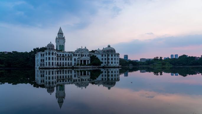 广州流花湖公园白宫建筑黄昏延时摄影4k