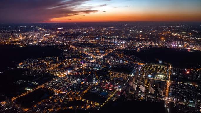 鞍山城市延时晚霞夜景航拍