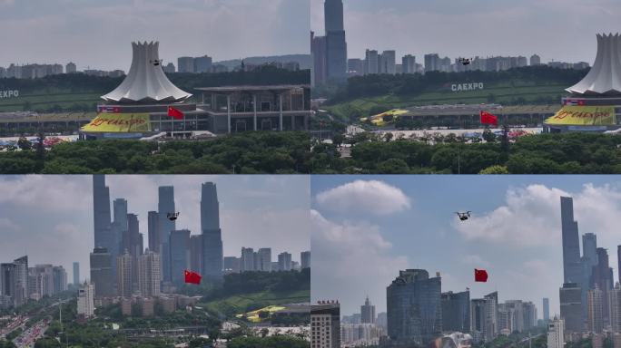 南宁国庆节氛围航拍无人机挂红旗