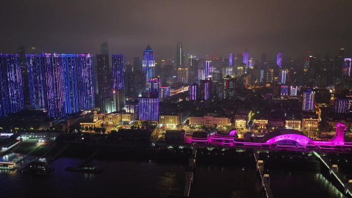 航拍武汉汉口江滩城市夜色