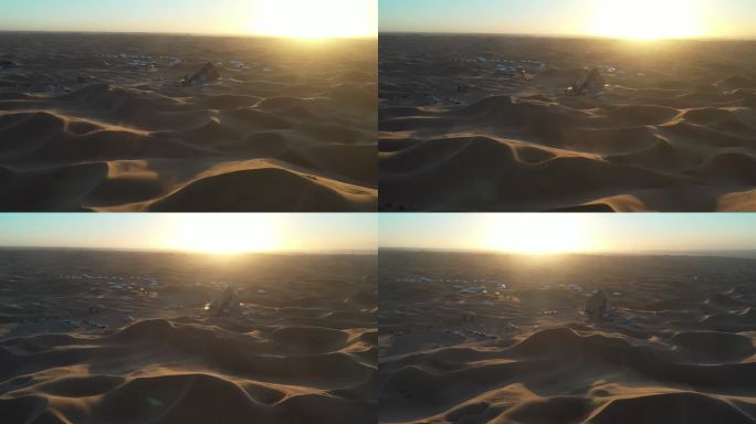 4K原素材-航拍金色夕阳中的沙漠营地