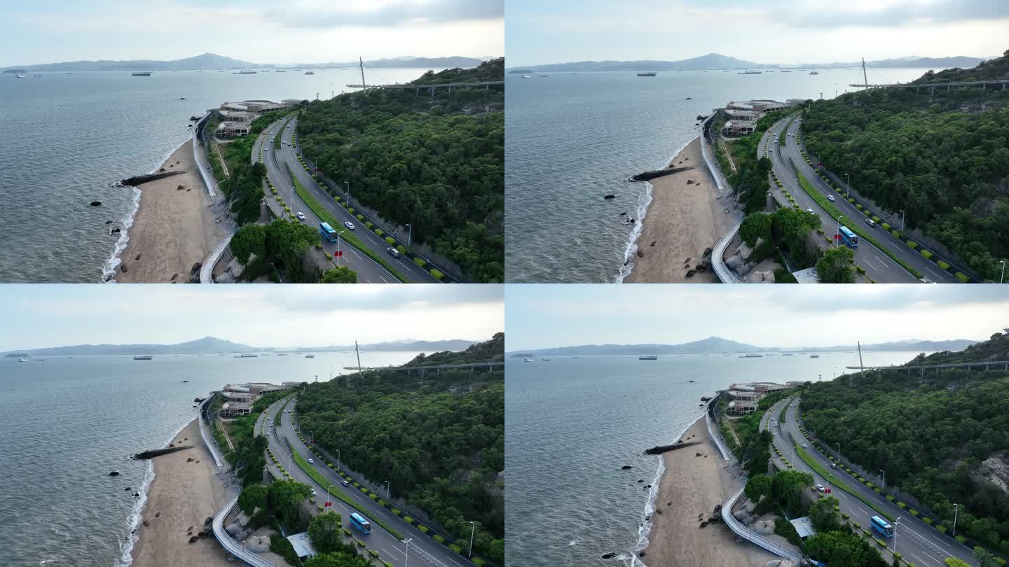 汽车行驶在海边公路航拍厦门海岸线沿途风景