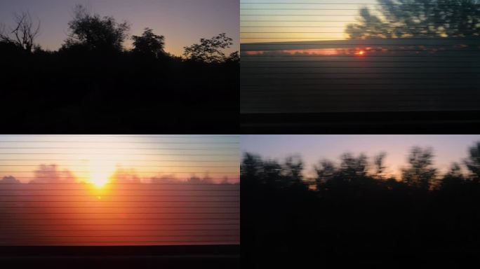 迎朝阳朝阳升起在路上疾驰的火车窗外风光