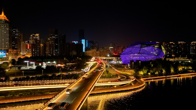 浑南夜景车流航拍奥体中心浑河