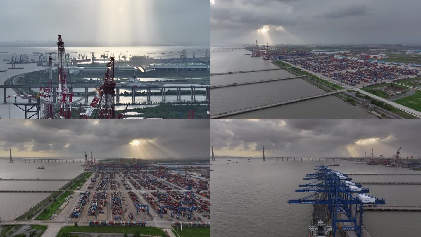 丁达尔光下的江苏南通港港口码头航拍
