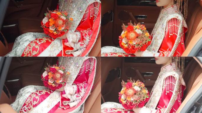中式新娘拿着手捧花坐在车里
