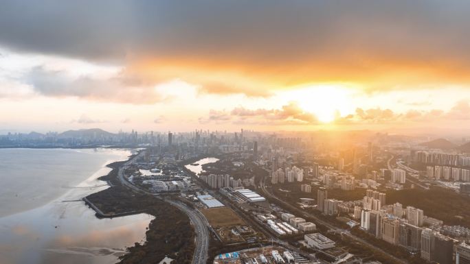 深圳湾红树林晚霞航拍延时摄影素材