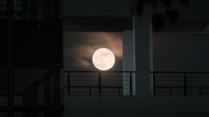 中秋节福州大学教学楼走廊满月升起延时空镜