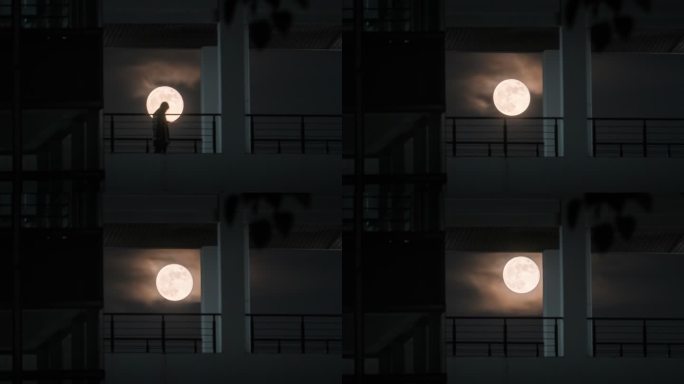 中秋节福州大学教学楼走廊满月升起延时空镜
