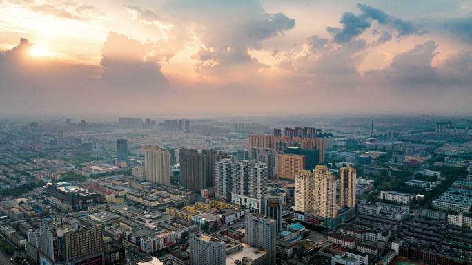 辽宁盘锦城市日出风景航拍