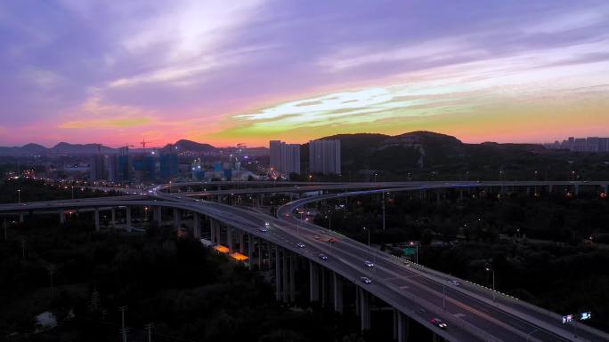 航拍济南二环西104国道凤凰立交傍晚夜景