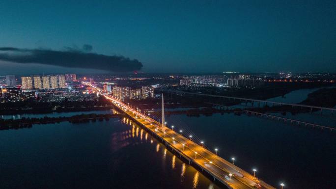 辽宁盘锦大桥夜景航拍