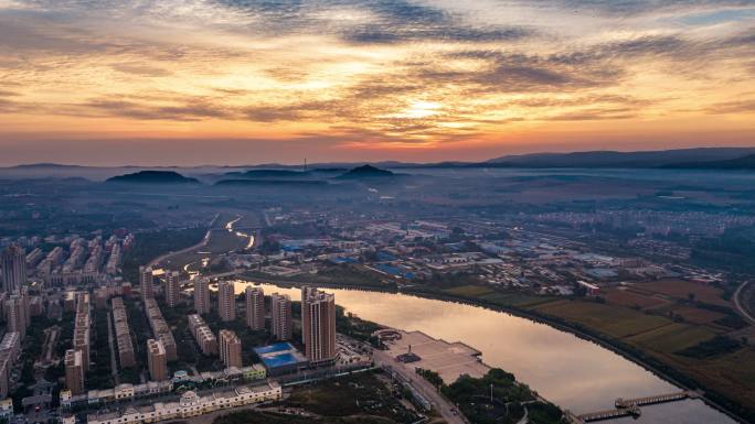 辽宁阜新蒙古族自治县细河城市日出航拍