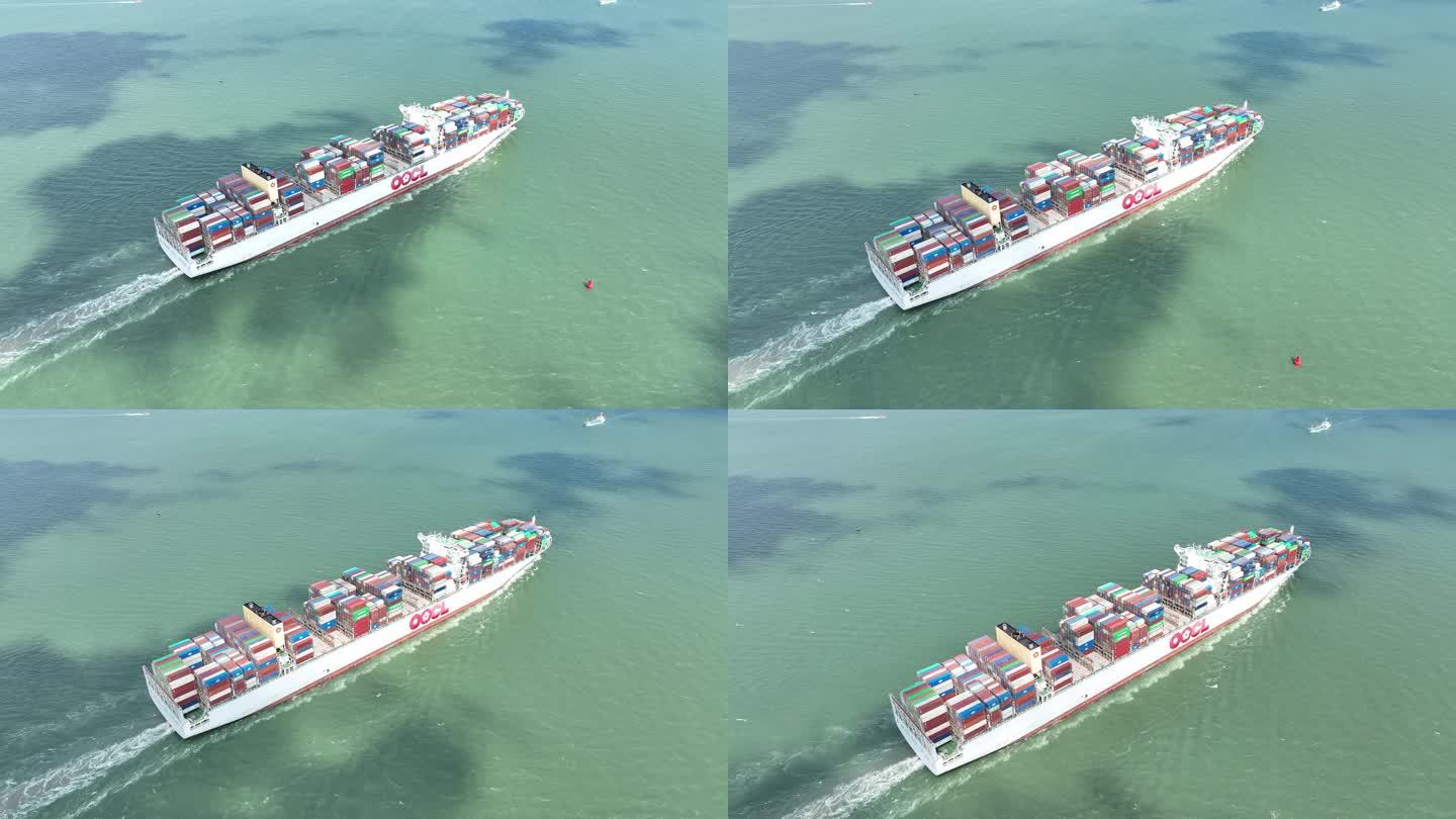 厦门港海上货轮航拍集装箱轮船漳州港海岸线