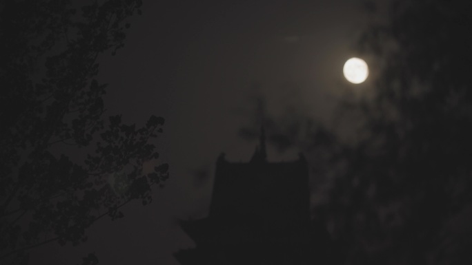 实拍月亮-夜晚古建筑-月圆之夜