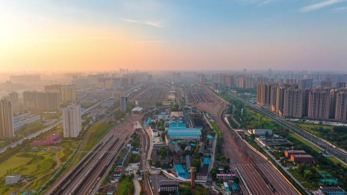 郑州铁路北站晨曦航拍延时摄影