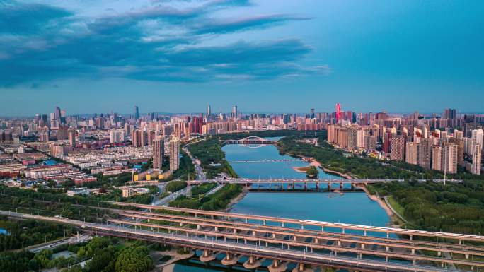 辽宁沈阳浑河胜利桥火车高铁城市夜景航拍