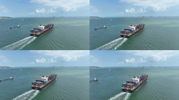 集装箱货轮航拍海上轮船行驶海洋运输航行
